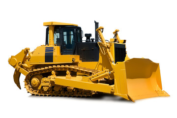 New yellow bulldozer over white
