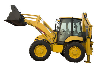 New yellow backhoe over white