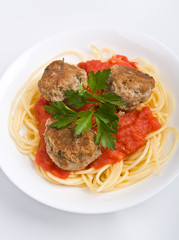 bowl of spaghetti with meatballs in tomato sauce