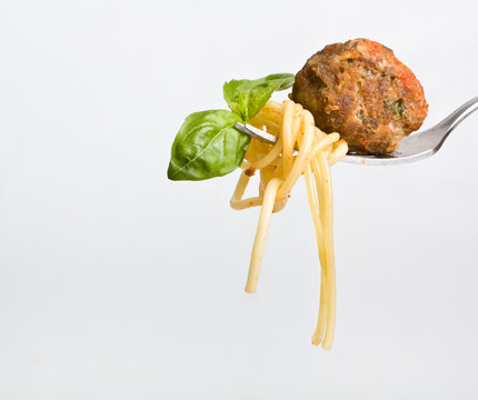 Spaghetti With A Meatball On A Fork