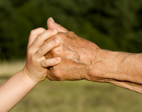 hand of grandmother and grandchild by the game