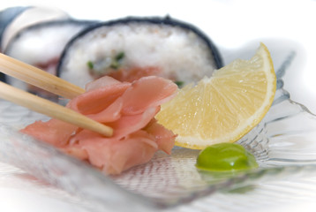 Ginger, lemon and wasabi for sushi.