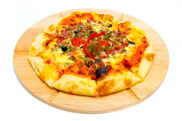 Pizza on breadboard isolated on white