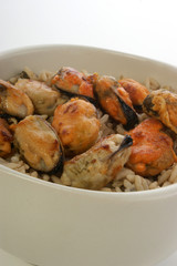 rice bowl with mussel and organic mushroom