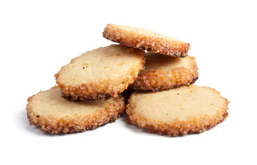 pile of round homemade cookies isolated on white background
