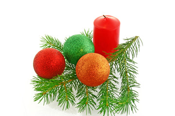 chrismas still life with red candles and bolls
