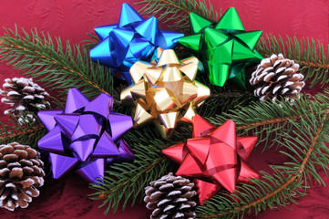 Christmas Bows Evergreen Branch and Pine Cones