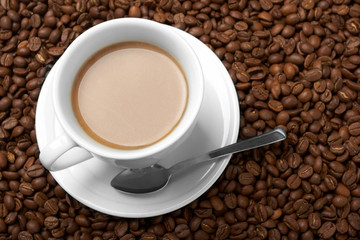 Cup with coffee, costing on coffee grain