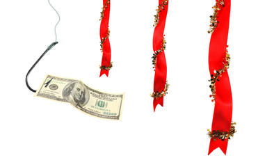 Christmas decoration with ribbons and money on  hook