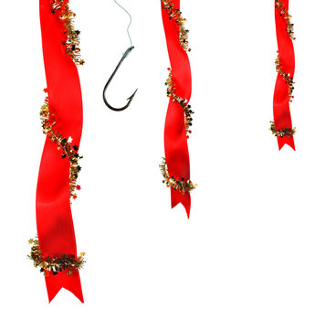 Christmas decoration with ribbons and fishing hoo