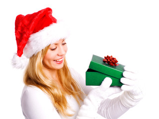 smiling christmas woman holding present over white