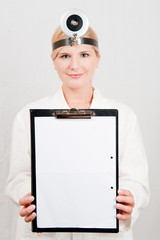 young female doctor with folder. copy-space
