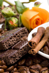 chocolate, coffee and cinnamon sticks