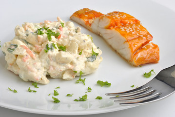 fresh home made potato salad with organic salmon