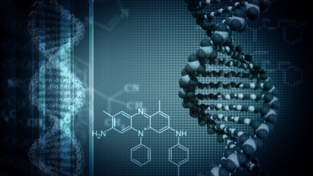 Dark blue background with rotating DNA