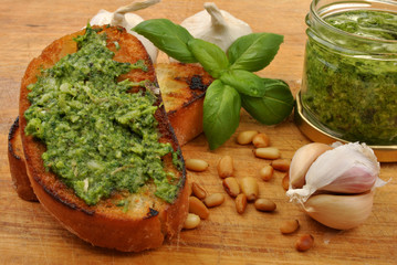 baguette as a snack with homemade fresh pesto