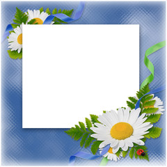 Obraz premium white frame with the bouquet of flowers and ribbons on the blue