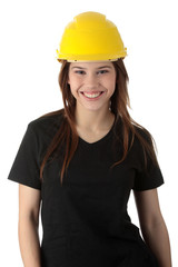 Engineer woman in yellow helmet