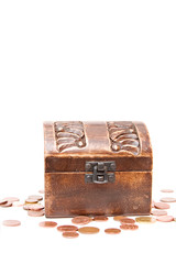 A wooden ancient chest full of money..