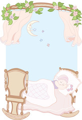 The baby sleeping in a children's bed and the moon