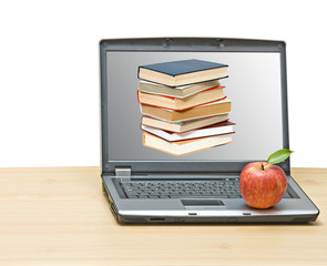 Notebook  with picture of pile of books on screen