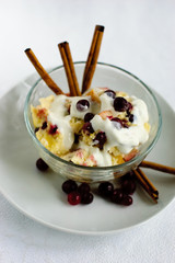 Creamy dessert with cinnamon and cranberries