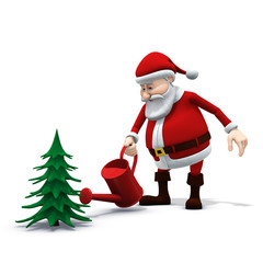 santa watering a pine tree