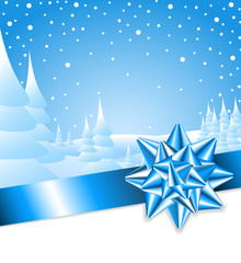 Obraz premium Ble ribbon with bow and Christmas landscape