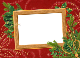 Wooden frame with spruce branches on the claret background