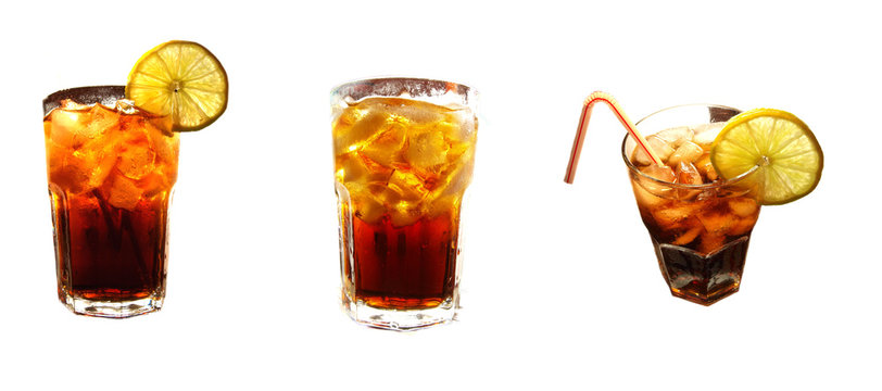 Three glasses of cola on white background