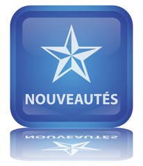 Bouton "Nouveaut&eacute;s" (carr&eacute; - bleu - brillant - vecteur - reflet)