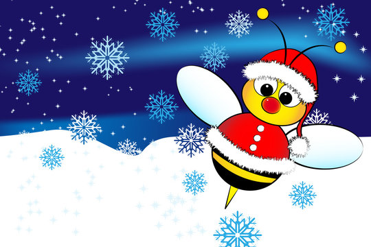 Christmas card with a bee Santa Claus