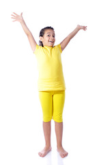 Beautiful cute girl in yellow clothes isolated