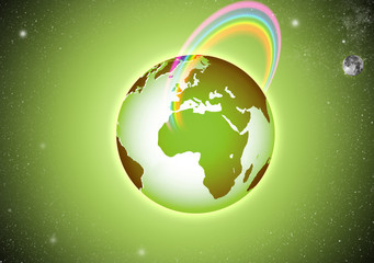 Green beautiful Earth in the Space, with the rainbow