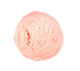 Strawberry ice cream scoop over white