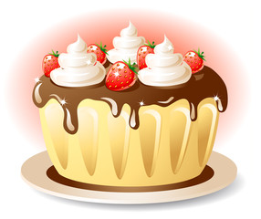 Tasty cake with chocolate cream and strawberry