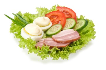 egg, mayonnaise, bacon and vegetables  isolated on white