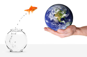 goldfish jumping out of fishbowl and into planet earth