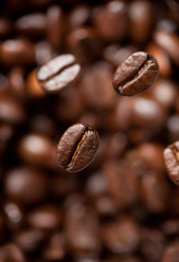 Freshly roasted coffee beans. Focus on flying beans