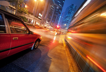 Fast moving bus at night