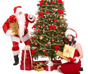 Christmas girl, santa clause and fir tree.Isolated.