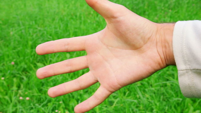 men clench one's fist on green grass background