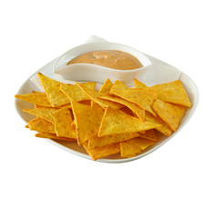 Tortilla chips and a cup of sauce isolated on white background