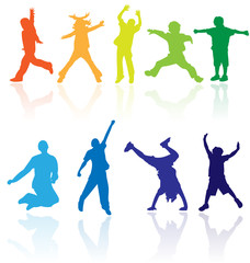 Children Silhouettes Jumping Colorful Kids Dancing Playing Active Vector Art