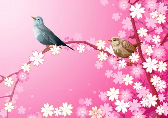 Cercles muraux Oiseaux, abeilles Fleurs de cerisier et oiseaux