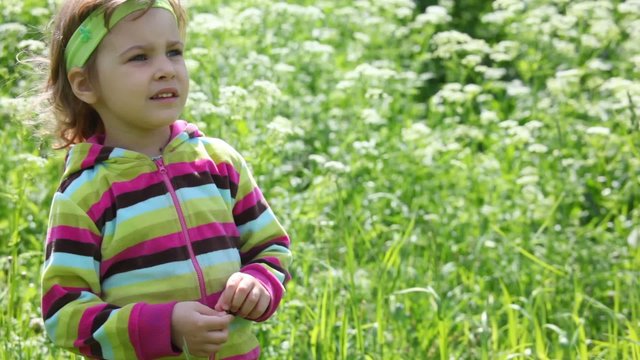 Little girl in the purple blouse on the green field