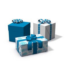 three blue and white christmas presents