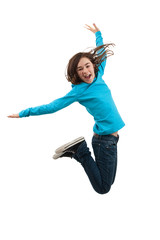 Girl jumping isolated on white background