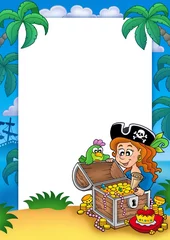 Stickers meubles Pirates Cadre avec fille pirate et trésor