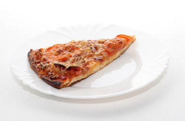 a peace of pizza isolated on white background.